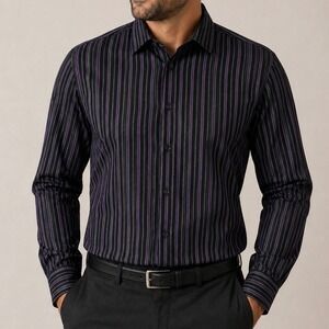Marc Anthony Men's XXL Slim Fit Black Purple Striped Long Sleeve Button Up Shirt